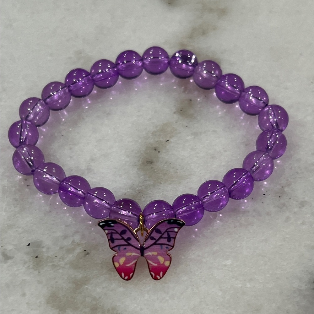 Purple Beaded Bracelet with Butterfly Charm